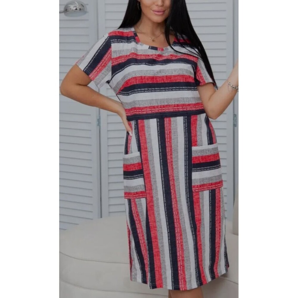Womens L Multicolor Cotton Midi House Dress Short Sleeve Casual Dress Pockets